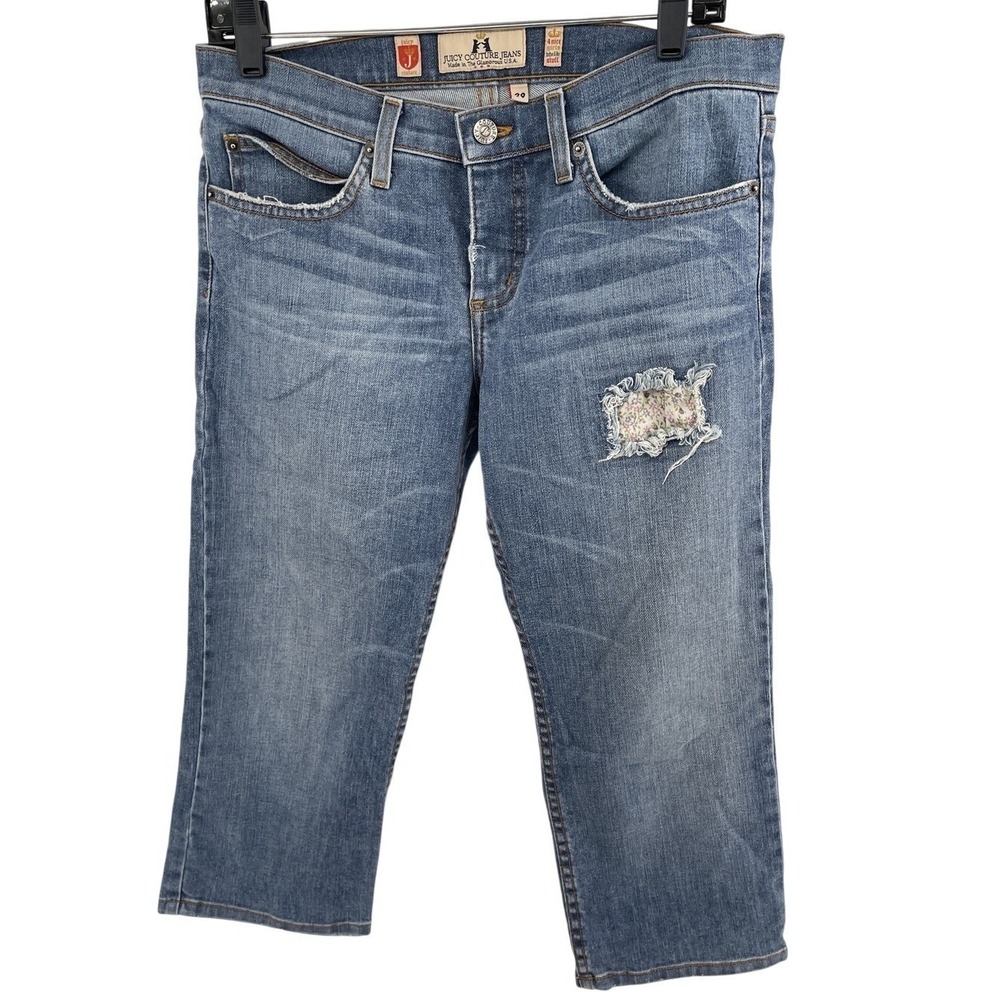 Juicy Couture Jeans‎ Womens 29W Blue Capri Cut Out Floral Patch CottageCore Boho